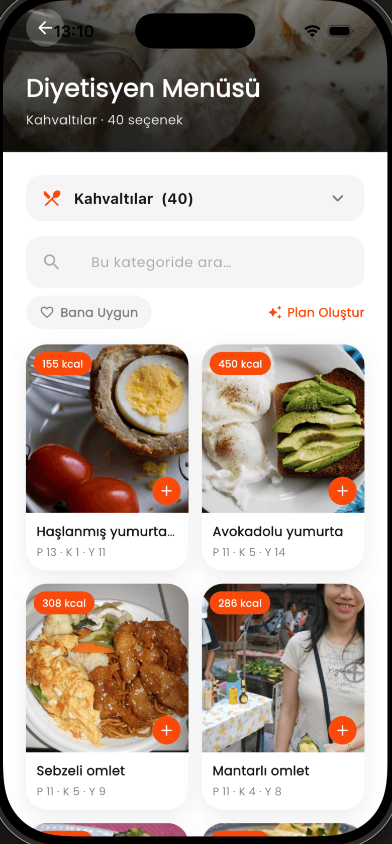Yasemin Gün mobil uygulaması Diyetisyen Menüsü ekranı