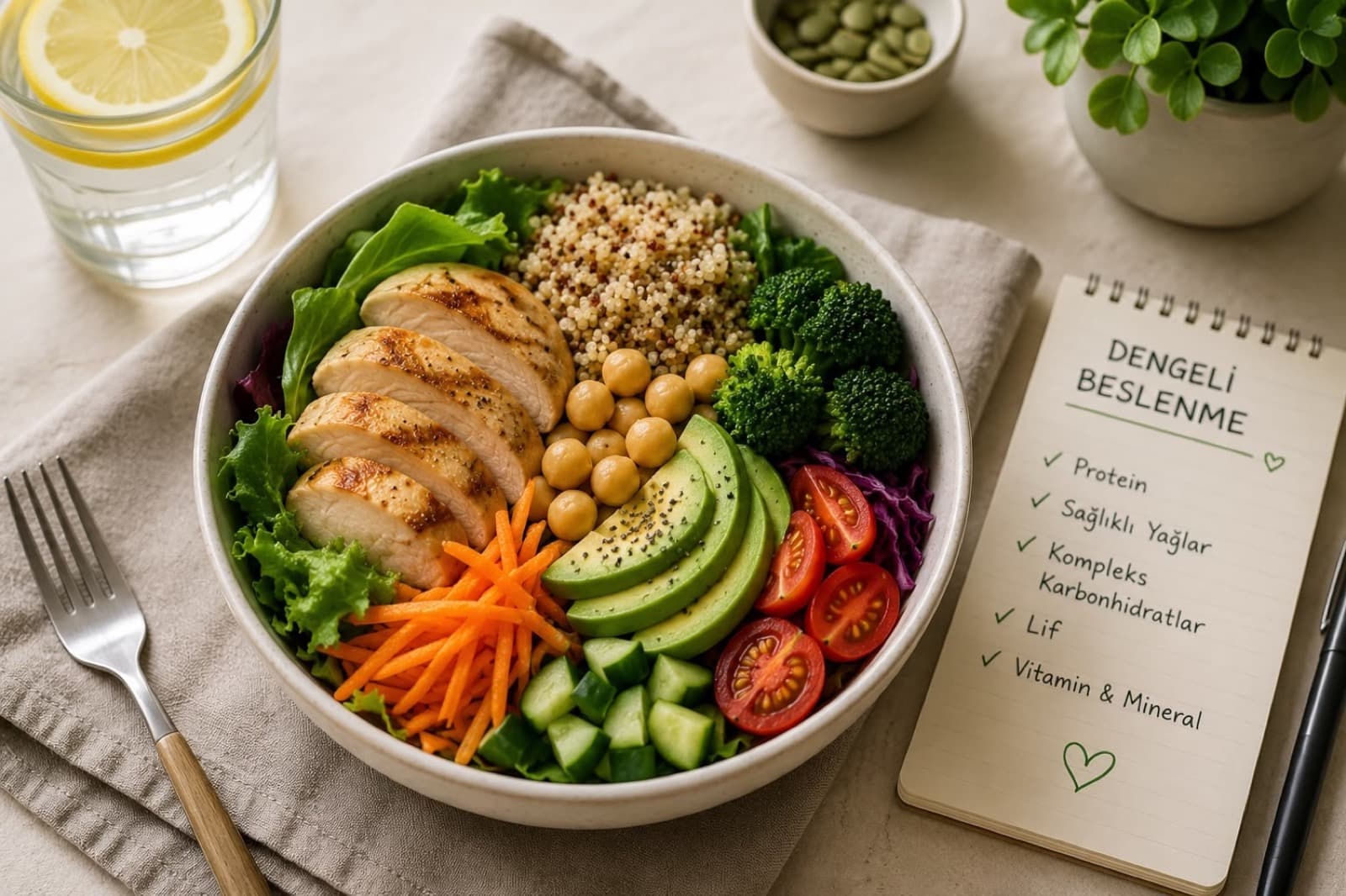 Sebze, tahıl ve protein içeren dengeli kase